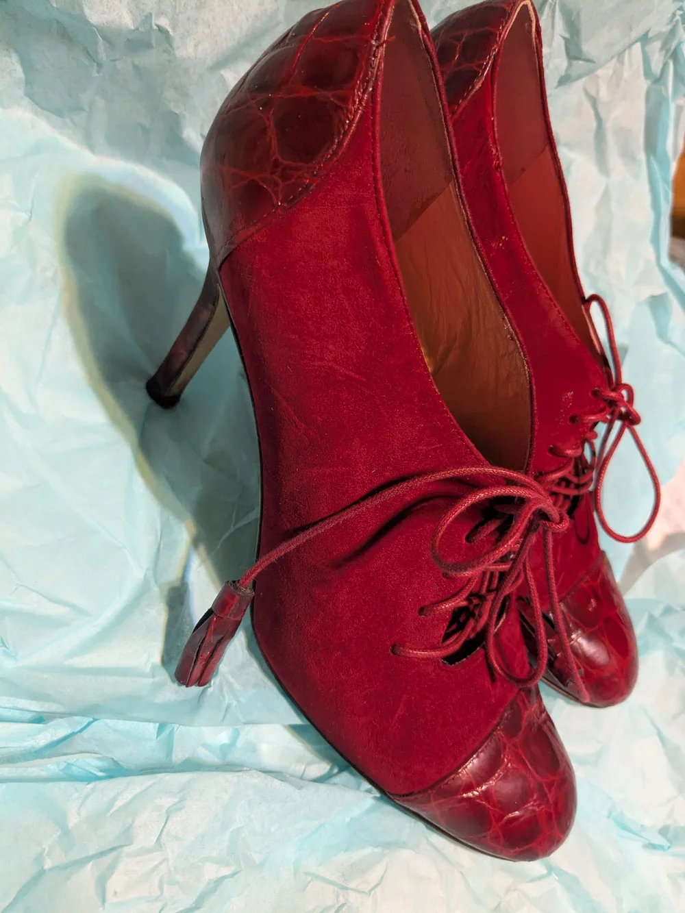 Kate Spade Dark Red Suede Faux Croc Lace-Up Heels 7B Spectator